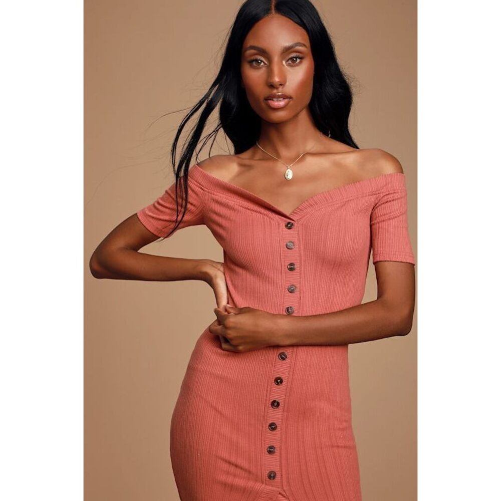 Lulus Brittnie Rusty Rose Ribbed Off-the-shoulder Midi Dress Pink - Size M